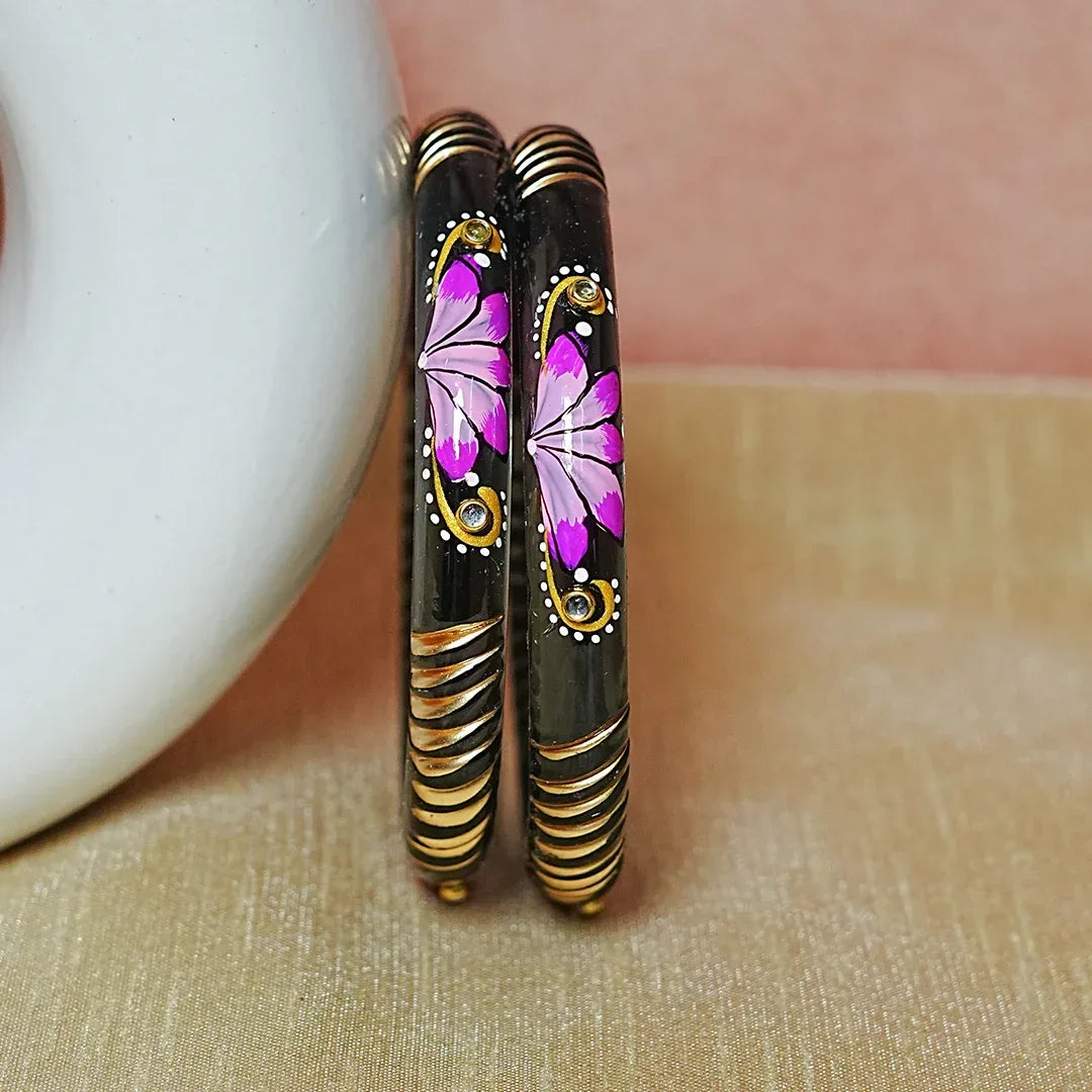 Handcrafted Lotus Printed Pattern Glass Kada for Women (Pack of 2) - The Golden Cascade